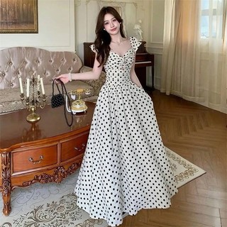 Đầm chấm bi phong cách Pháp dành cho nữ mùa hè, váy dài