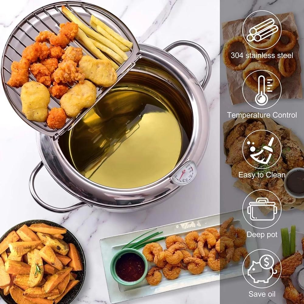 Nồi chiên sâu JiKK, có nắp nhiệt kế Tempura Fryer Pan, Thép không gỉ dày tiết kiệm dầu Nhật Bản Chảo chiên sâu Nhà bếp
