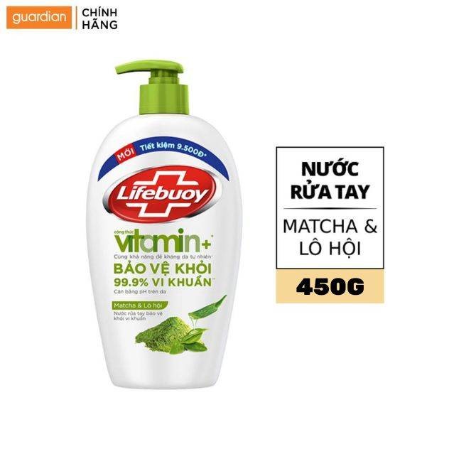 Nước Rửa Tay Cân Bằng pH Trên Da Lifebuoy Vitamin Matcha & Lô Hội Chai 450g