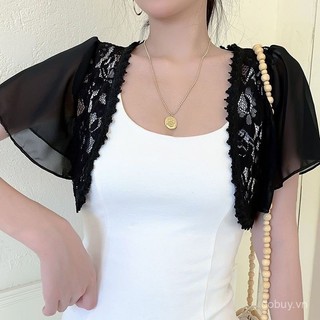 Áo khoác Bolero nữ cỡ lớn màu trắng đen tay ngắn, áo khoác ren Bolero filipiniana cho phụ nữ