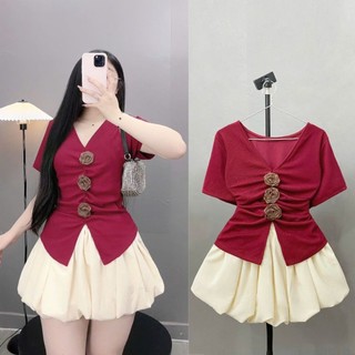 Áo bigsize nữ  kiểu tiểu thư tay ngắn đính hoa xinh phối chân váy có lót trong xòe cho nàng chuppy -A275+CV413