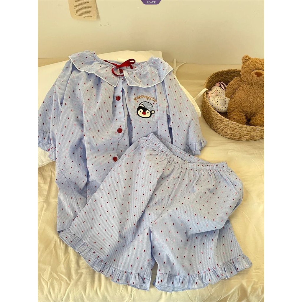 Penguin Chấm Bi Bộ Đồ Ngủ Ren Nữ Mùa Hè 2025 Mới Ngọt Ngào Quần Short Tay Loopy Set [BL]