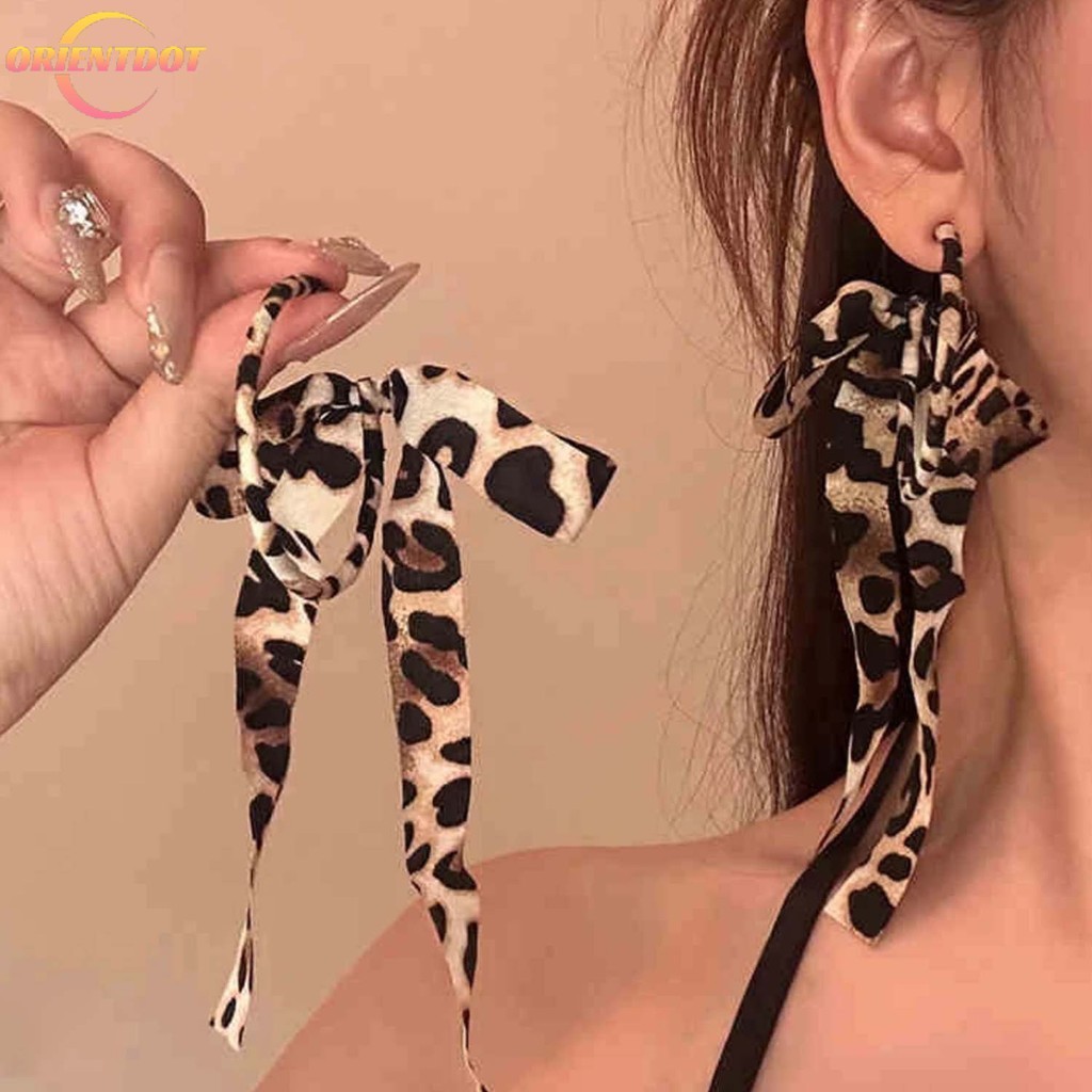 Bông tai ruy băng dài in họa tiết da báo thời trang đa năng - Họa tiết động vật táo bạo dành cho nữ Mặt dây chuyền tai vòng cổ điển