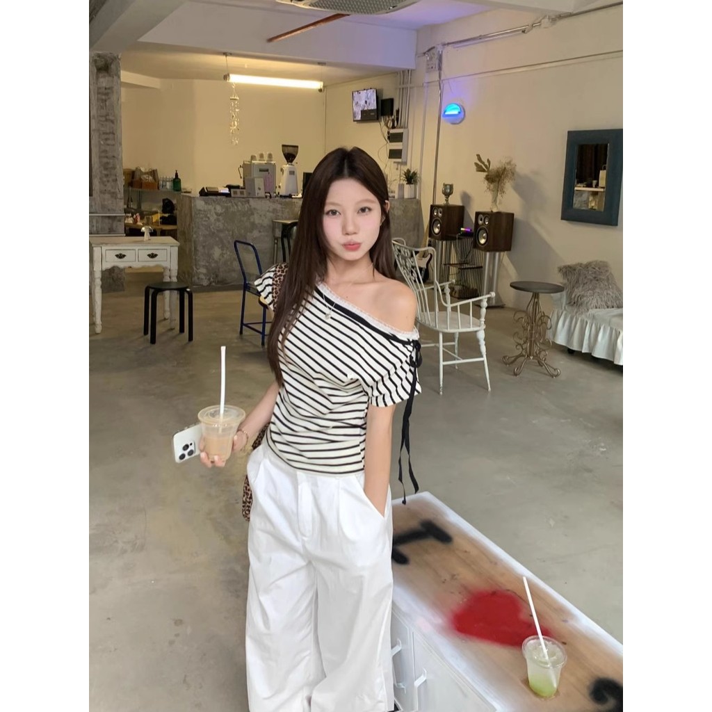 Milyfashion Cổ Phẳng Dây Ren Khâu Sọc Tay Ngắn T Mùa Hè Pure Desire Ngọt Ngào Ngắn Top Bé tee Quần Áo Nữ