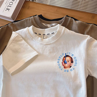 Áo thun ngắn tay cotton mùa hè cho bé trai, phong cách đường phố Mỹ rộng rãi, áo cổ tròn mỏng in họa tiết cho bé trai đẹp trai