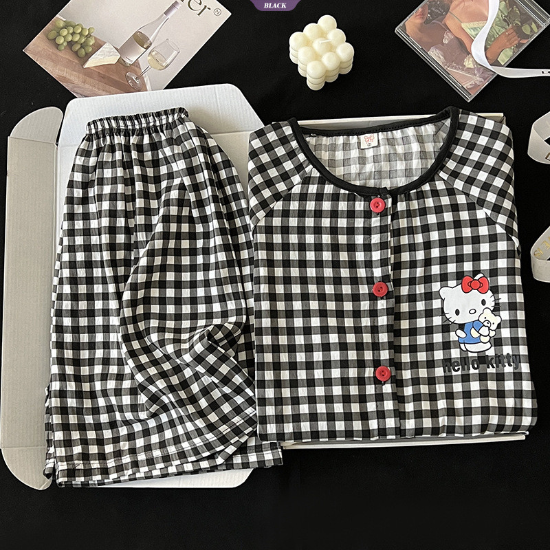 Hoạt Hình HelloKitty Bộ Đồ Ngủ Nữ Mùa Hè Cardigan Dễ Thương Học Sinh Quần Short Tay Ngắn Bộ Đồ Gia Đình [BL]