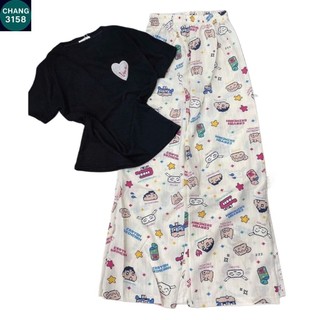 Sét Bộ Quần Hoạt Hình + mix áo CROPTOP ngắn-in hình trái tim love ở ngực-CHANG3158