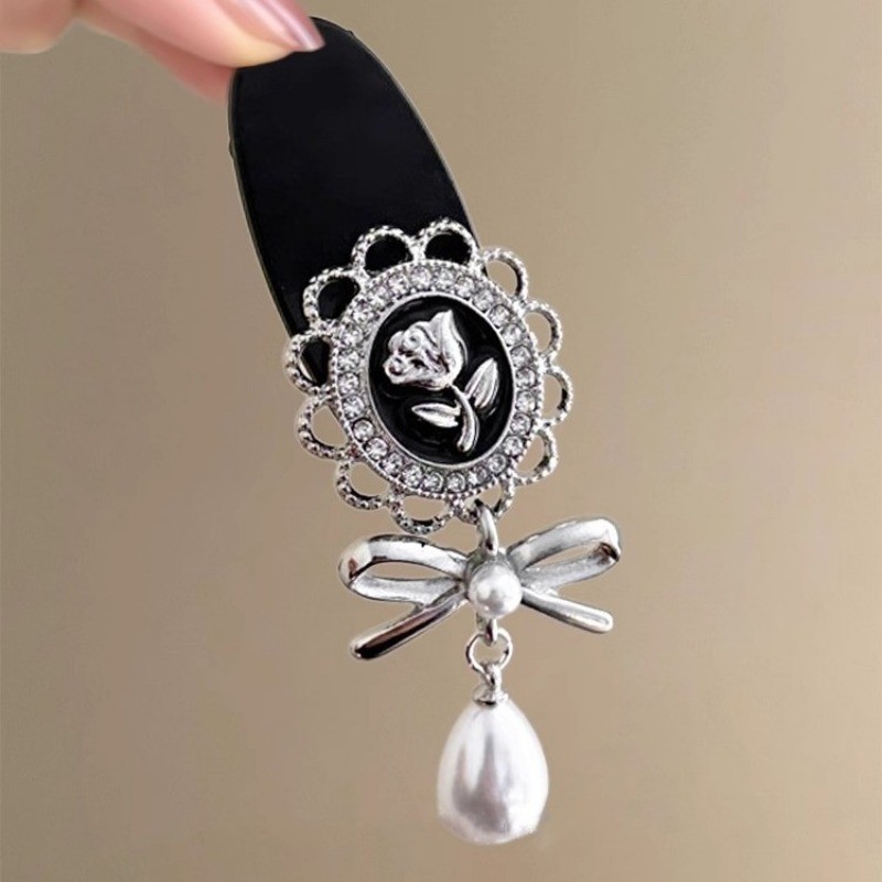 MAUROPOLI [Hàng có sẵn] Hoa vẽ tranh sơn dầu ~ Kẹp tóc ngọc trai hoa hồng cổ điển kiểu Pháp Nơ tua rua gãy Kẹp tóc du lịch