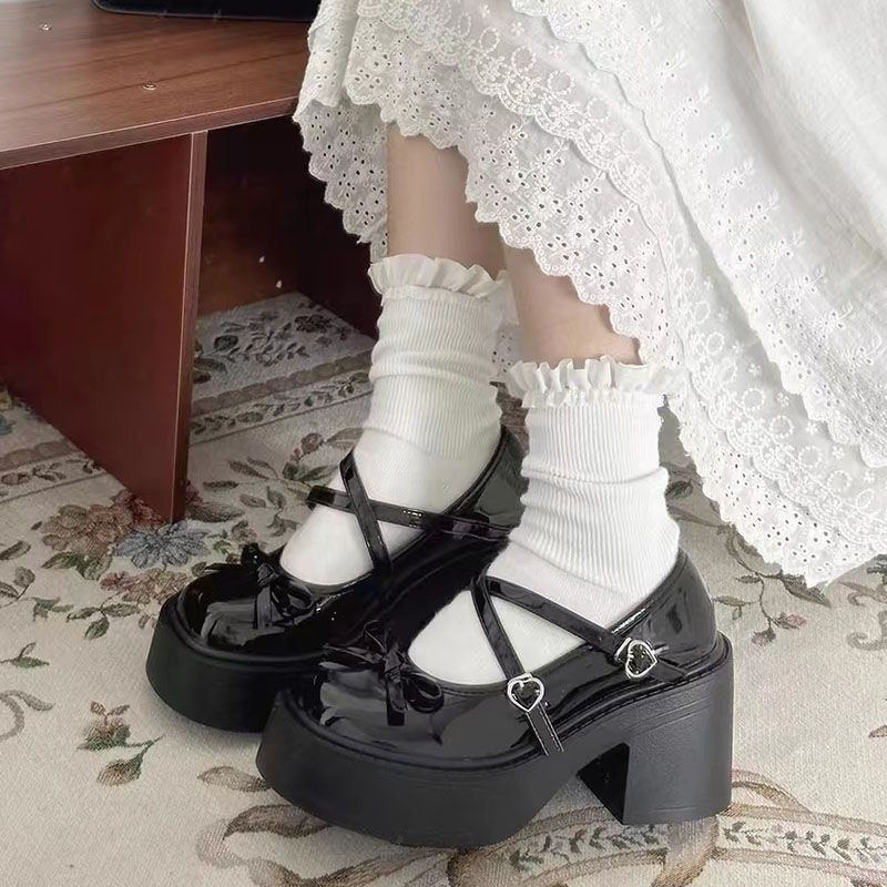 🔥Còn hàng🔥Giày búp bê nữ đế cao 7cm Thiết kế nơ Giày nữ Lolita 7p trắng và đen(size35-40)