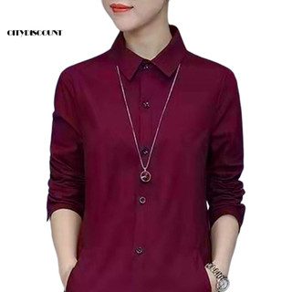 < citydiscount > Áo Sơ Mi Nữ Màu Trơn Tay Dài Cổ Áo Nỉ Rời Dạo Phố Xuân Hè OL Áo Sơ Mi Cơ Bản Áo Sơ Mi Quần Áo Nữ