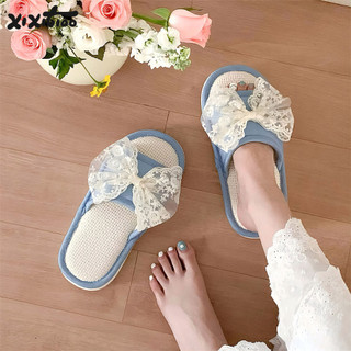 XIXITIAO Giày Gia Đình Thường Ngày Hút Mồ Hôi Thoáng Khí Nơ Bốn Mùa Sinh Viên Vải Lanh Dép Nữ