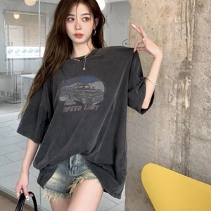 Áo thun cotton cỡ lớn phong cách Mỹ vintage, dáng rộng, màu đen, tay ngắn thời thượng