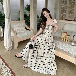 Đầm chấm bi phong cách Pháp dành cho nữ mùa hè, váy dài