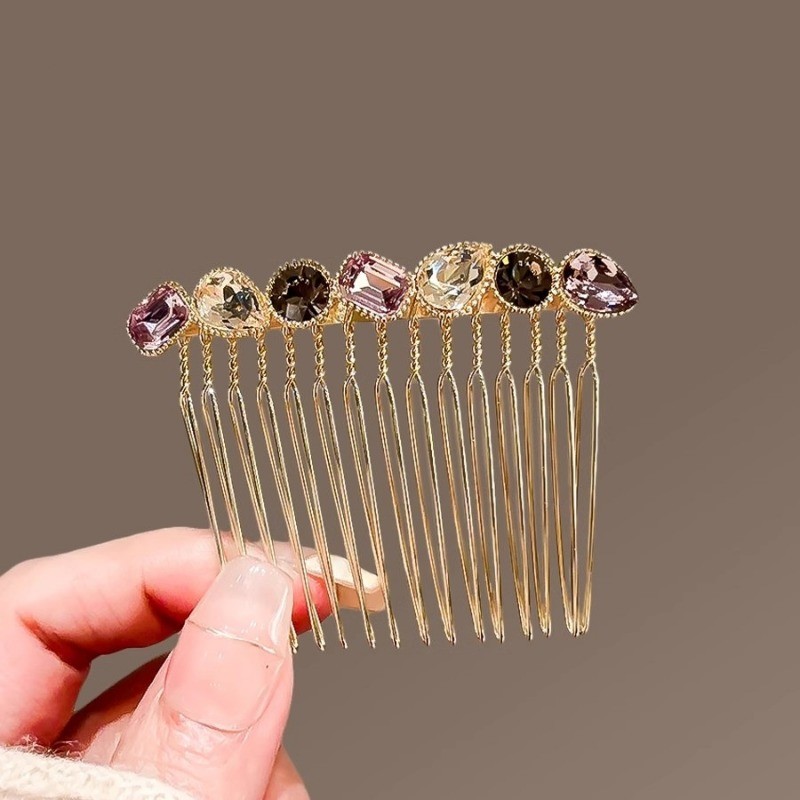 MAUROPOLI [Sẵn sàng] Lược chải tóc pha lê tinh tế dành cho nữ Phong cách mới Mori Phong cách cao cấp Chống trượt Bangs Lược chèn Lược sang trọng Đơn giản với kẹp tóc cận cảnh