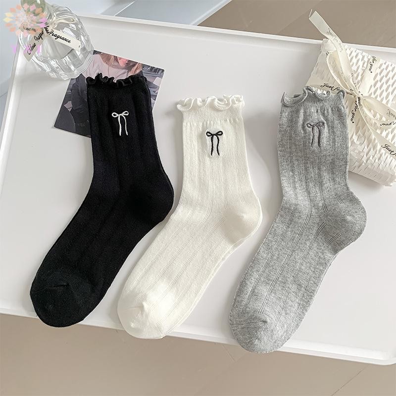 Y.X.I 1 Cặp Thời Trang Thu Đông Len Tất Nơ Dày Giữa Ống Tất Dành Cho Nữ Bé Gái Màu Trơn Giữa Ống Tất Mới