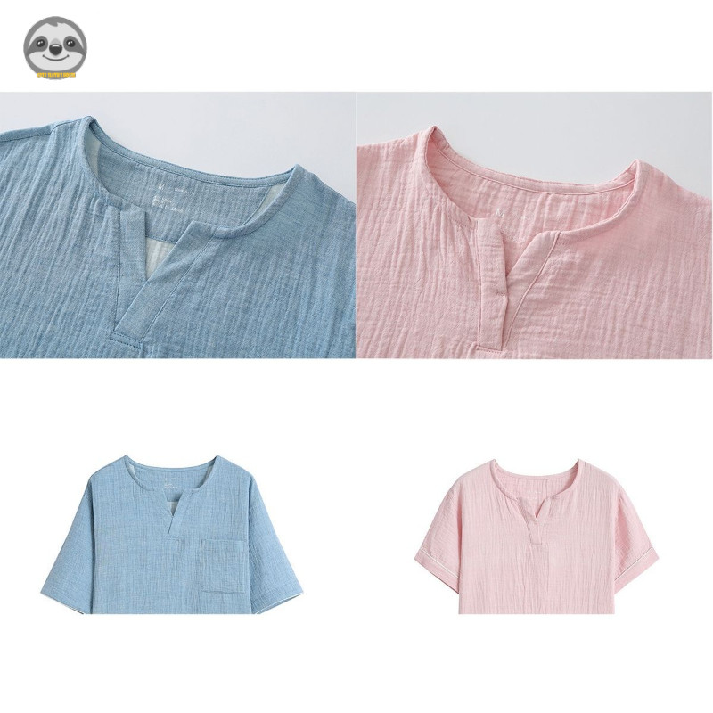 Phong cách Nhật Bản Muji Style / Sợi đôi Cotton nguyên chất Dây rút cổ tròn Quần Short ngắn tay Bộ đồ ngủ / Sợi Cotton nhăn Đồ mặc nhà thông thường