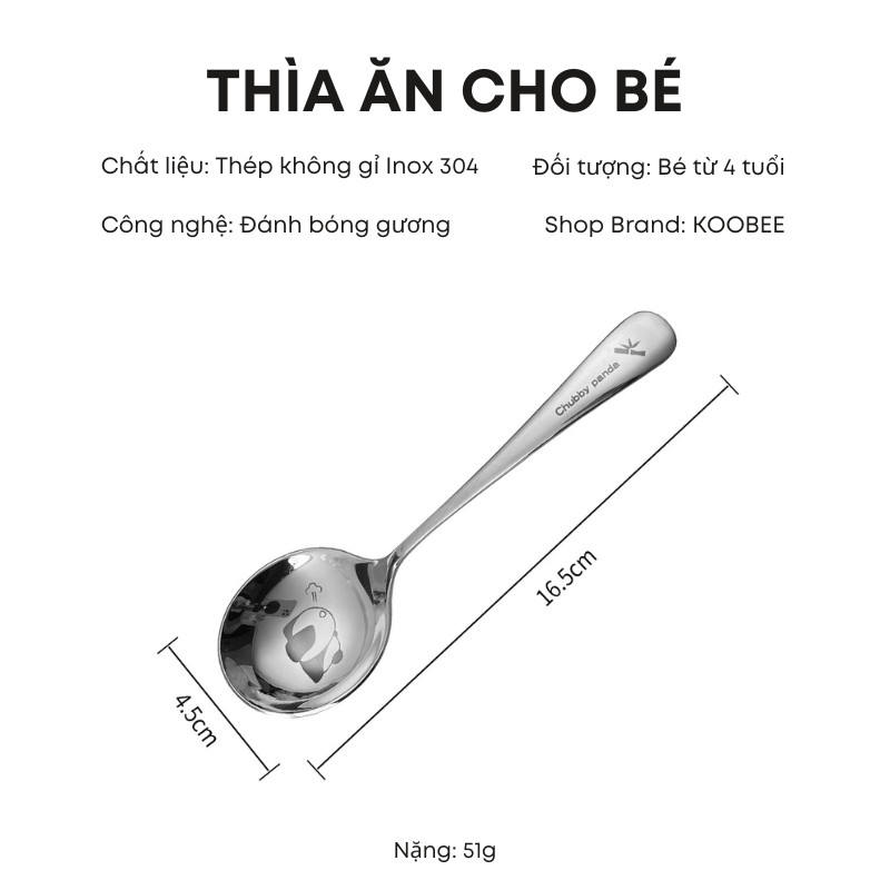 Thìa Inox 304 Ăn Dặm Cho Bé KOOBEE Dài 16cm Miệng Tròn 4.5cm An Toàn Không Gỉ Sét Sáng Bóng Họa Tiết Dễ Thương | 296