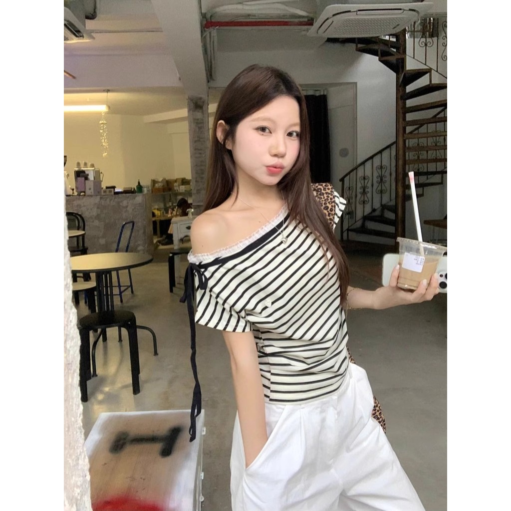 Milyfashion Cổ Phẳng Dây Ren Khâu Sọc Tay Ngắn T Mùa Hè Pure Desire Ngọt Ngào Ngắn Top Bé tee Quần Áo Nữ
