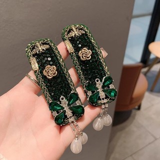 MAUROPOLI [Sẵn Sàng] Retro Ngọc Lục Bảo Full Kim Cương Kẹp Tóc Hoa Kim Cương Giả Tua Rua Ngọc Trai Phá Kẹp Ánh Sáng Sang Trọng