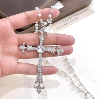 Vòng cổ chữ thập đen trắng phong cách gothic mặt kim cương sáng bóng phù hợp nữ hip hop y2k vòng cổ dài sang trọng niche phụ kiện cao cấp