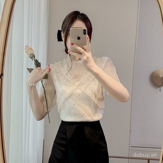 2025 Mùa hè Mới về Áo chiffon sequin xếp nếp siêu nữ tính cho phụ nữ