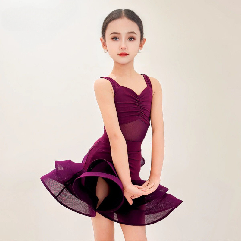 💕Chỗ💕 Trẻ Em Quần Áo Khiêu Vũ Latin Váy Lớn Không Tay Màu Tím Cho Bé Gái 3 Đến 15 Tuổi Váy Khiêu Vũ Latin Xinh Xắn Trang Phục Biểu Diễn