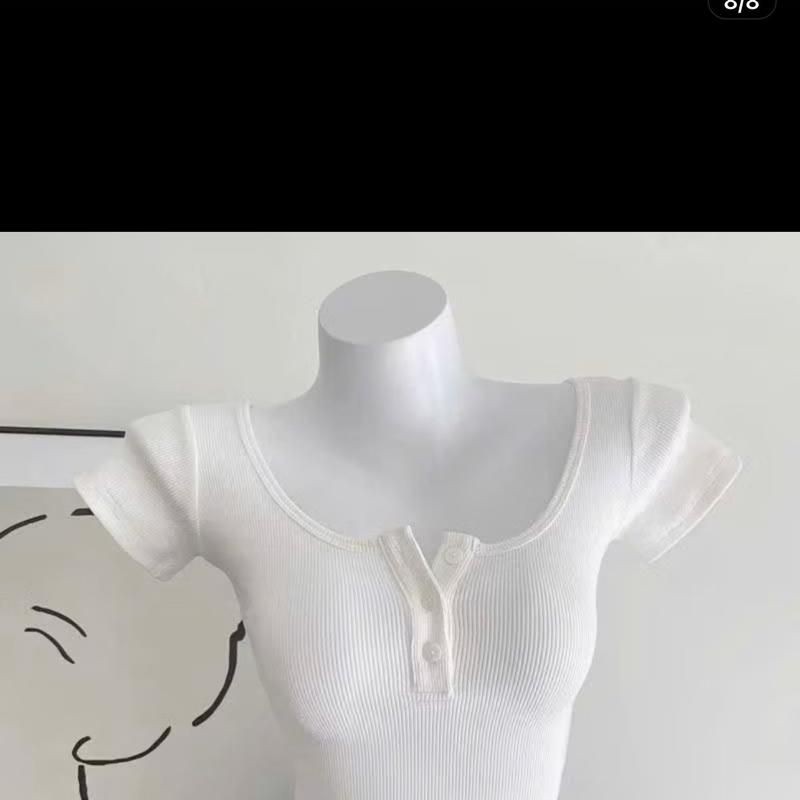￼A15 Áo Thun Tay Ngắn Cúc Cài Kiểu Croptop Chất Tăm size dưới 53kg mã ci98