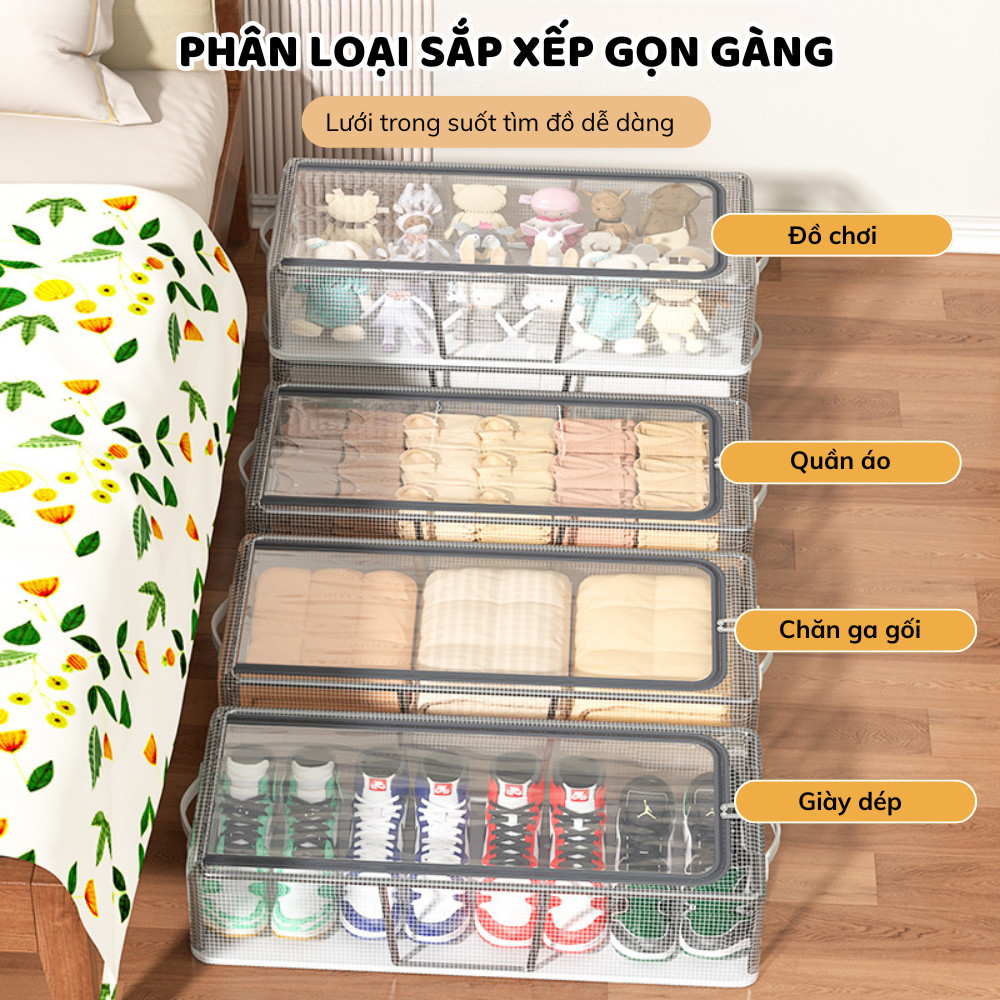 Hộp Đựng Giày Gấp Gọn Vải Lưới PVC Dày Dặn Khung Thép Chịu Lực Có Ngăn Kéo Khóa Kín Chống Bụi Bẩn