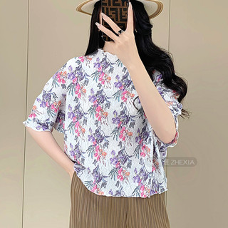 Miyake Xếp Ly Thêu In Hình Nữ Xuân Hè Phong Cách Mới Cao Cấp Tính Khí Nửa Tay Rời