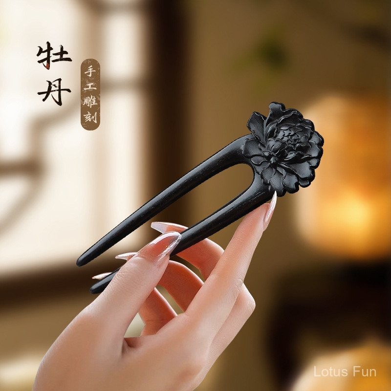 Kẹp tóc hoa đào gỗ đàn hương xanh cổ điển Trung Quốc mới cho phụ nữ, cảm giác cao cấp, cá tính, phụ kiện tóc chạm khắc gỗ tinh xảo
