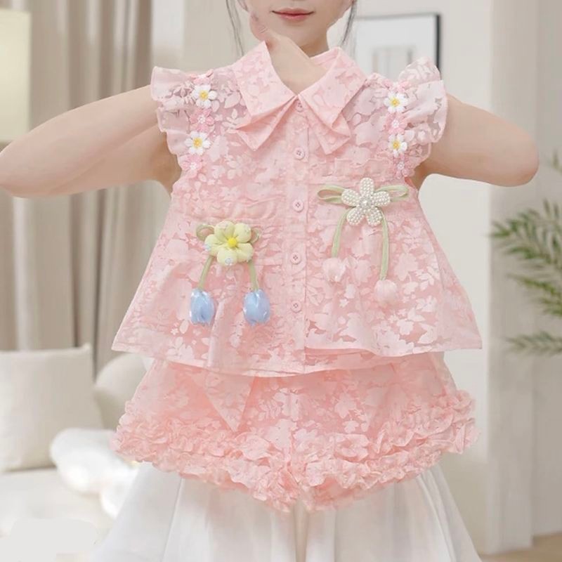 Bé Gái Mùa Hè Phong Cách Mới Thời Trang Phù Hợp Với Trẻ Em Lưới Áo Sơ Mi Cardigan Mùa Hè Thoáng Mát Bộ Đồ Hai Mảnh