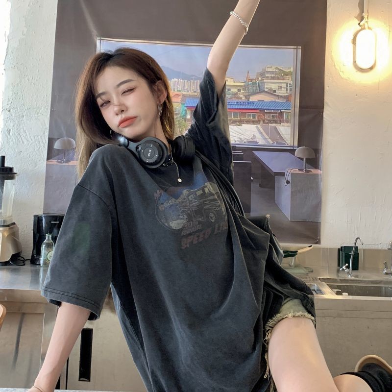 Áo thun cotton cỡ lớn phong cách Mỹ vintage, dáng rộng, màu đen, tay ngắn thời thượng