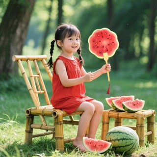 Quạt cầm tay In dưa hấu Quạt tròn có tay cầm bằng gỗ cho ngoài trời