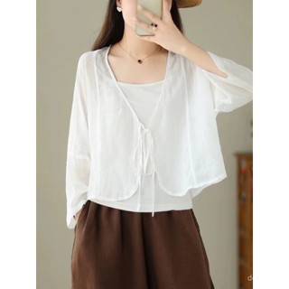 Áo khoác ngắn mùa hè mới, nhẹ, bảo vệ khỏi nắng, cổ V, áo cardigan buộc dây