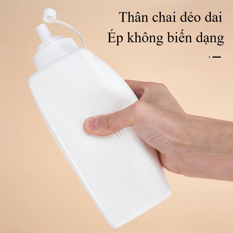 Bình nhựa đựng nước sốt chia vạch 800-1000ml, nắp chống bung, ép đùn cỡ nòng lớn