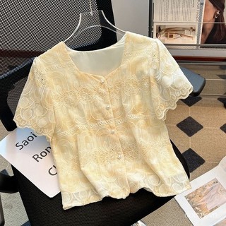 Áo blouse chiffon tay ngắn thêu ren kiểu dáng mới mùa hè 2025 cho phụ nữ