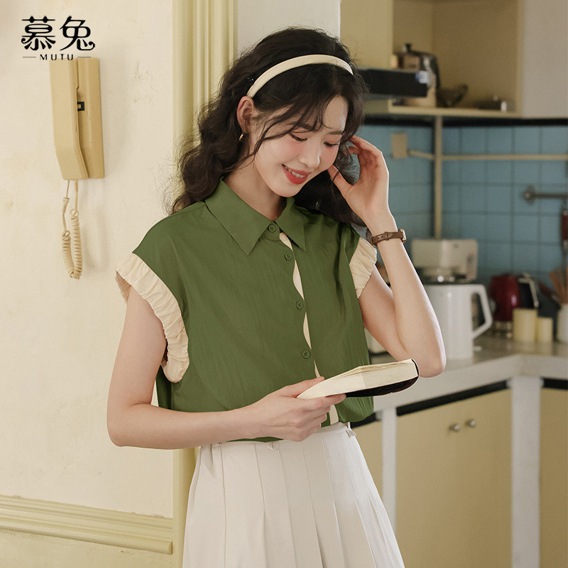 Mutu Pháp Retro Phong Cách Hồng Kông Màu Sắc Tương Phản Áo Sơ Mi Tay Ngắn Nữ Mùa Hè 2026 Phong Cách Mới Thiết Kế Niche Loose Top