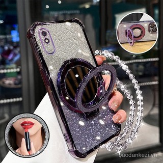 Ốp lưng cho điện thoại Redmi 9A, chống sốc, có gương trang điểm 3D, giá đỡ, ốp mềm mới, đeo như vòng tay