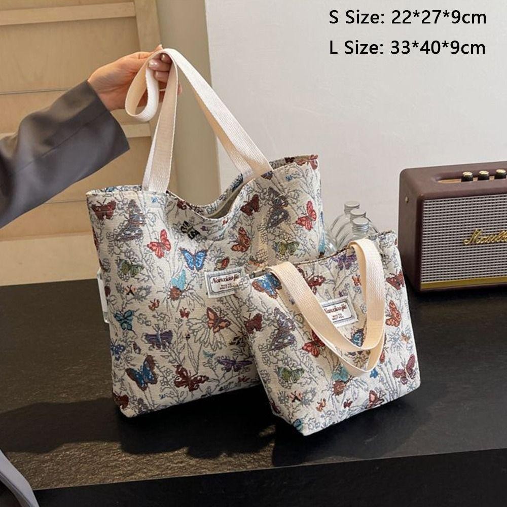 Túi đeo vai HOBBYIN, Túi Tote nữ dày bằng vải Canvas, Túi xách Jacquard in hoa bướm dung tích lớn thông thường