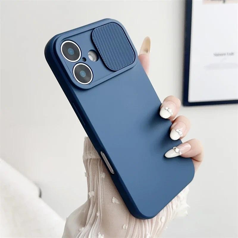 Ốp Điện Thoại Bảo Vệ Ống Kính Máy Ảnh Trượt Cho IPhone 16E 16 15 14 Plus 13 12 11 Pro XS XR Max 8 7 Vỏ Silicon Mềm Chống Sốc