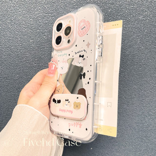 Ins Korea Cute Puppy Cartoon Make Up Mirror Vỏ nâng cao + Giá đỡ cho iPhone 11 16 15 14 13 12 Pro Xs Max XR X 6s 7 8 6 Plus SE Vỏ điện thoại TPU mềm Vỏ bảo vệ