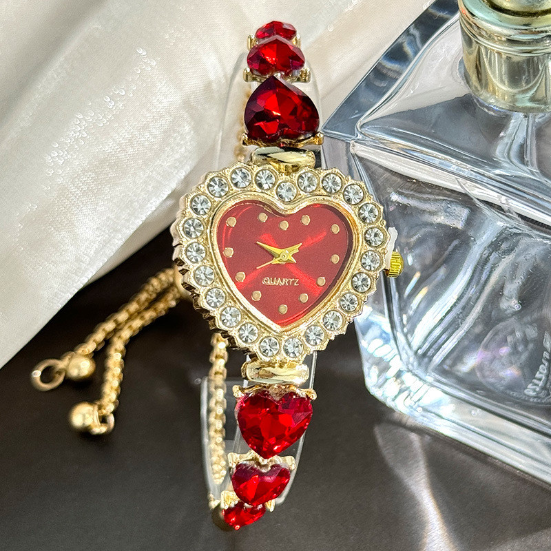 Đồng hồ nữ Vòng tay trang trí hoa tình yêu Đồng hồ thạch anh có mặt số dát kim cương Dây đeo kéo Đồng hồ thời trang nữ