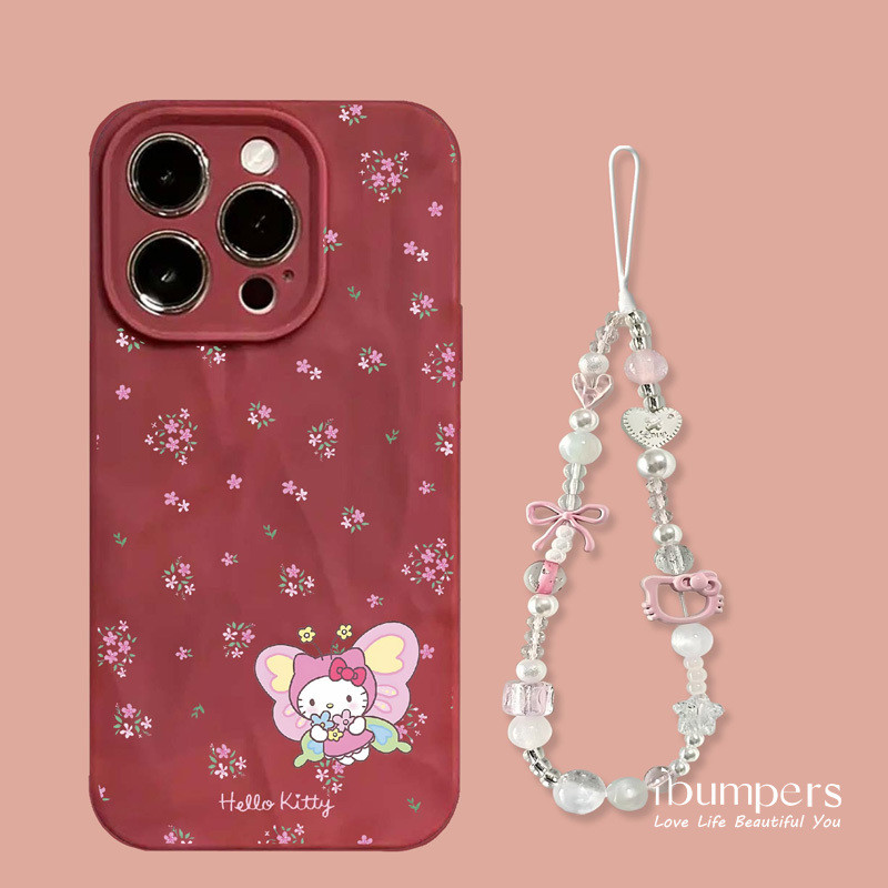 ibumpers Ốp Điện Thoại iPhone Họa Tiết Bướm Hello Kitty Dễ Thương + Dây Buộc Cho IPhone 16 15 14 12 13 11 Pro Max IP 7 8 Plus X XS XR Xếp Ly Ốp Lưng Silicon Mềm Chống Sốc