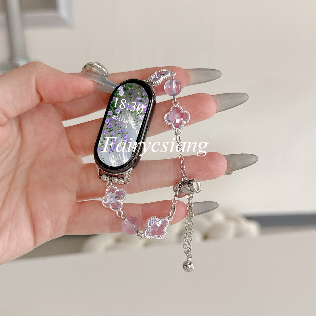 Dây đeo hạt pha lê cỏ ba lá cho Xiaomi Mi Band 10/9/8/7/6/5/4/3/Pro, NFC, vòng tay thể thao cho Miband