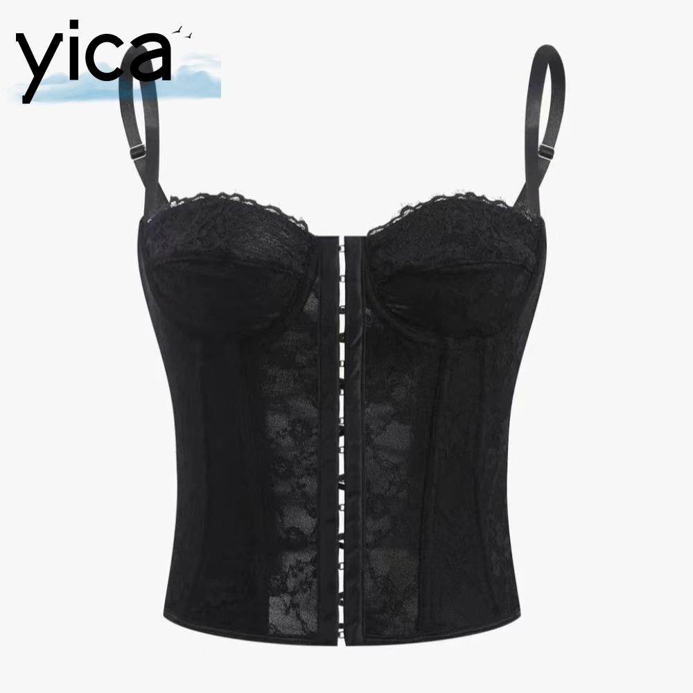 YICA Gợi Cảm Xương Cá Corset, Áo Ren Màu Trơn Mùa Hè, Áo Crop Top