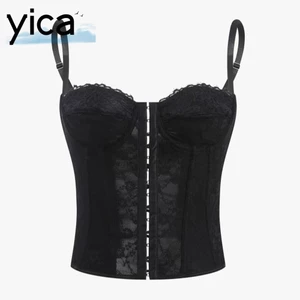 YICA Gợi Cảm Xương Cá Corset, Áo Ren Màu Trơn Mùa Hè, Áo Crop Top