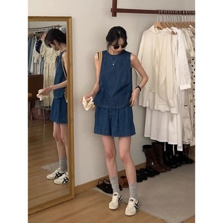 Rời Thiết Kế Đơn Giản Denim Sling + Quần Short Co Giãn Hàng Ngày Thời Trang Mùa Hè Màu Xanh Đậm Phù Hợp Với Bộ Đồ Hai Mảnh Giảm Tuổi Hàng Đầu Mới