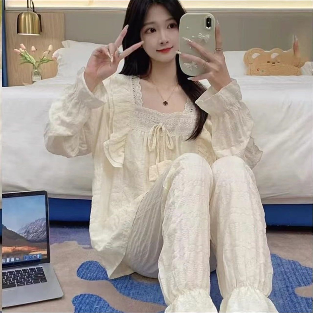 Bộ Đồ Ngủ Cotton Mây Nữ Xuân Thu Mới Quần Dài Tay Phù Hợp Với Sữa Công Chúa Phong Cách Quần Áo Nhà Bé Gái Mặc Ngoài