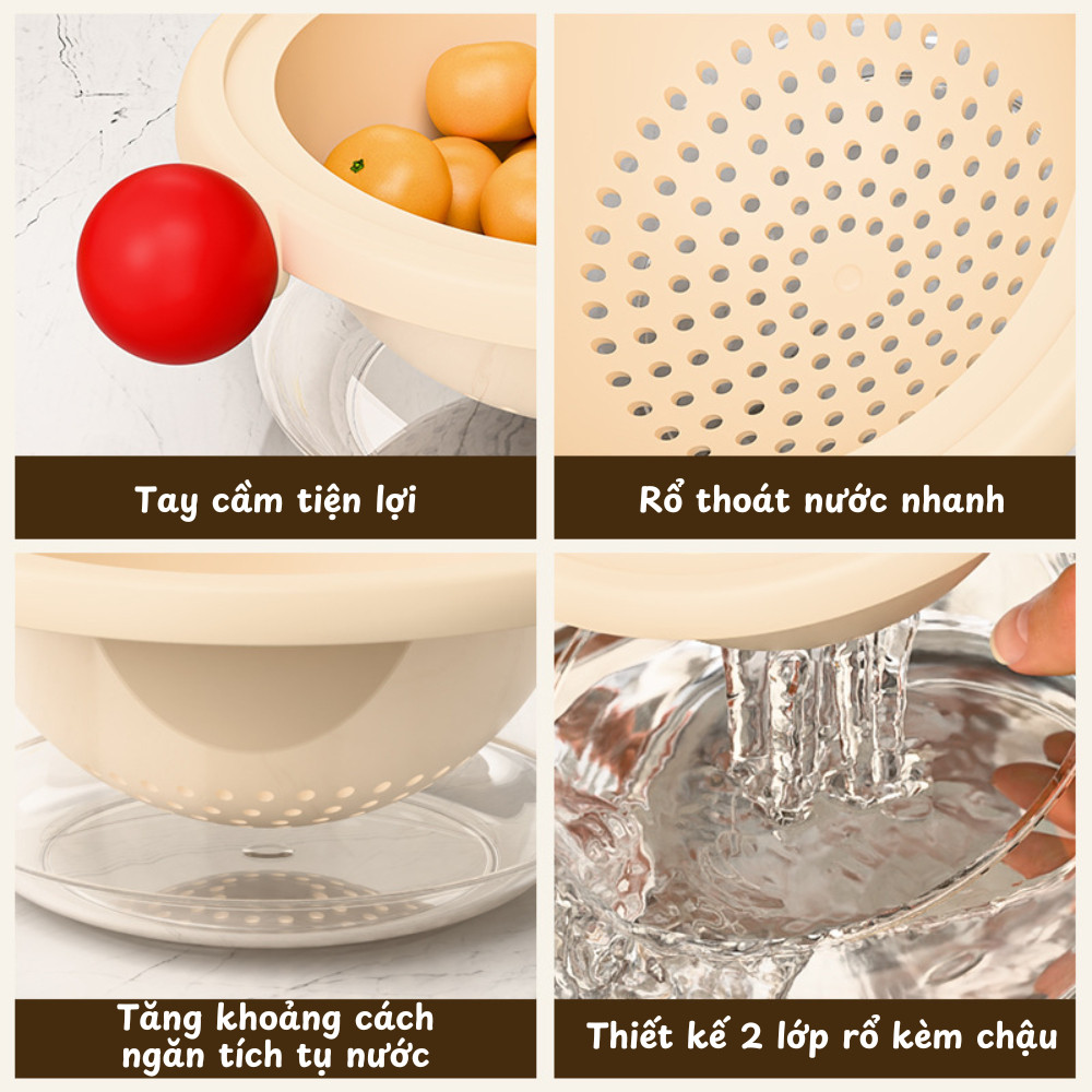 Rổ Rửa Trái Cây 2 Lớp Thoát Nước, Rổ Kèm Chậu Rửa Rau Củ, Rổ Vo Gạo Nhỏ Gọn Màu Sắc Dễ Thương