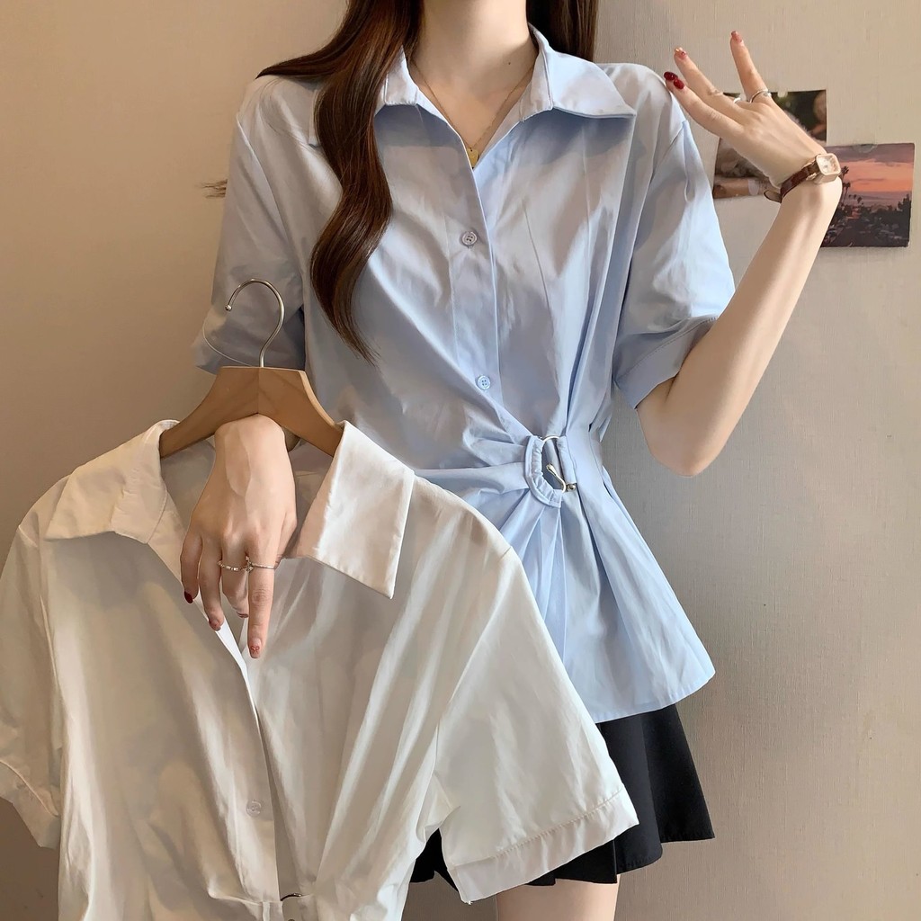 SUXI Áo sơ mi nữ màu trơn đơn giản nhẹ nhàng mùa hè mới 250530